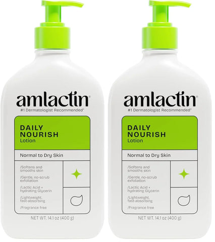 AmLactin Daily Nourish Therapeutic Body Lotion for Dry Skin - No-Scrub Exfoliator and Moisturizer 12% Lactic Acid Lotion,14.1 oz (Packaging May Vary),(Pack of 2)